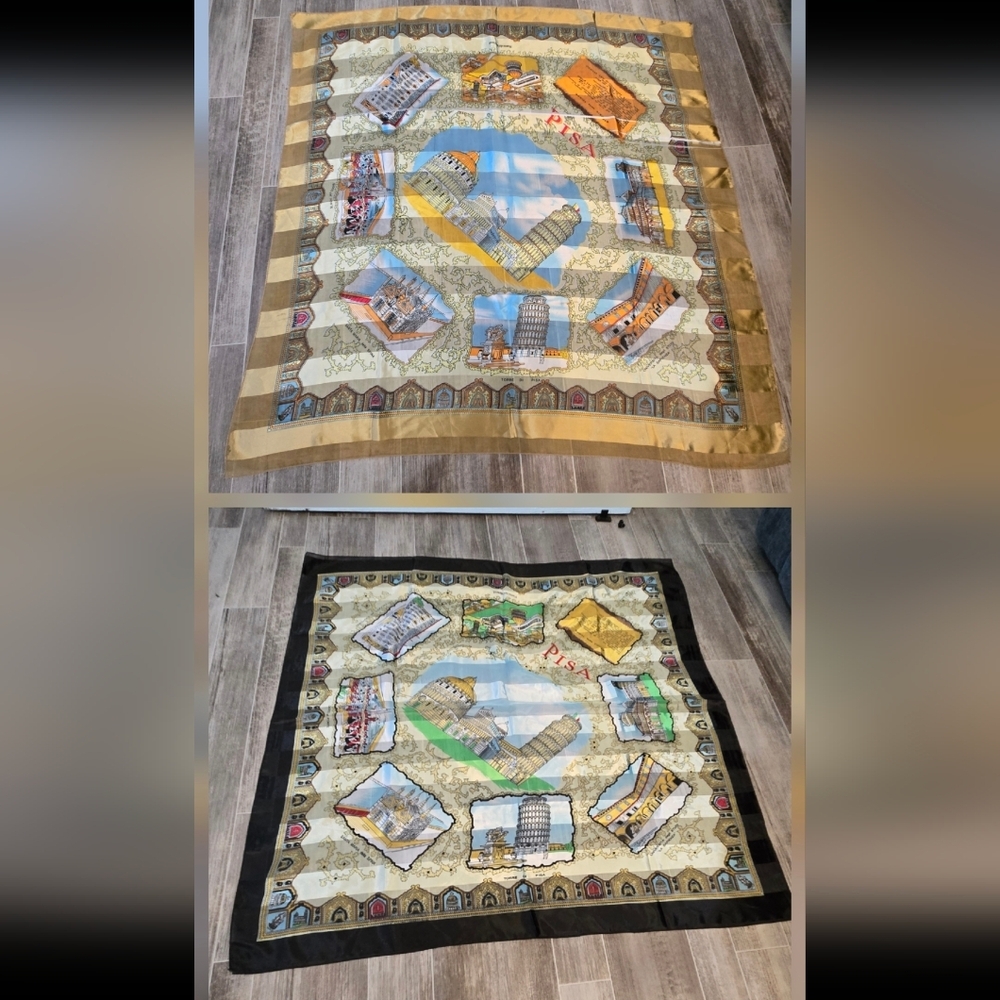 2 Large Square Colorful Travel-Themed Piza Scarfs Tan and Black